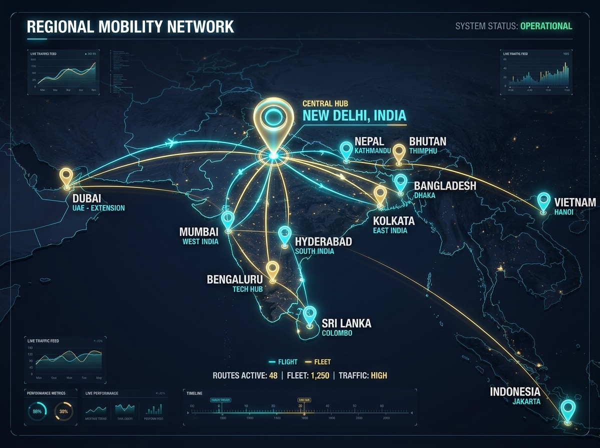 Alpha Rent A Car Regional Mobility Network Map - Delhi Central Control Hub, Metros, South Asia & Dubai